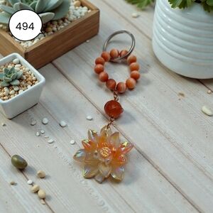Handmade Orange Beaded Lotus Flower Keychain